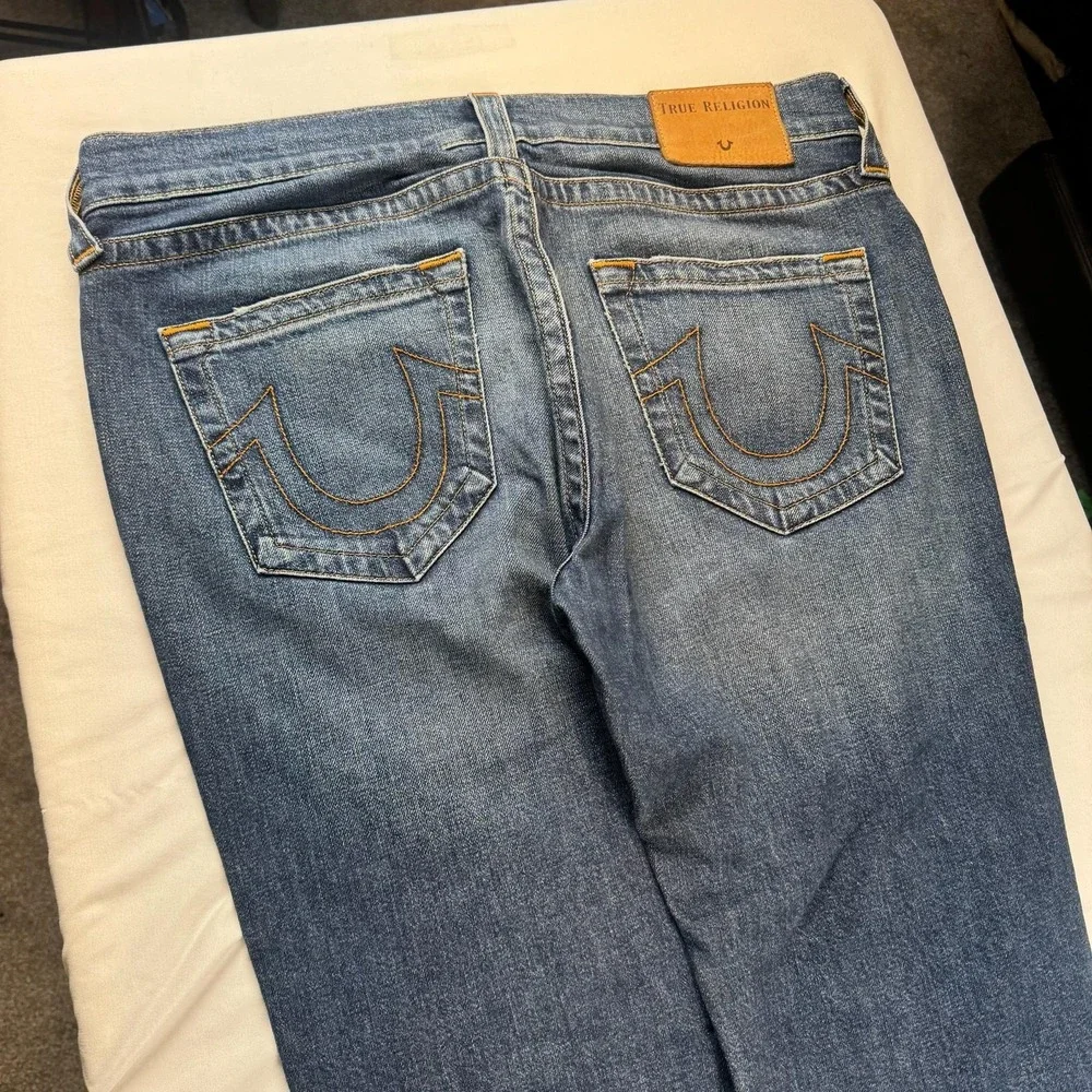 True Religion Jeans Mens 33x33 Blue Med Wash Regular Straight Logo Pockets Denim